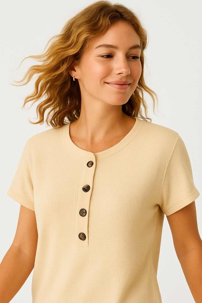 Waffle Knit Button Henley Tee